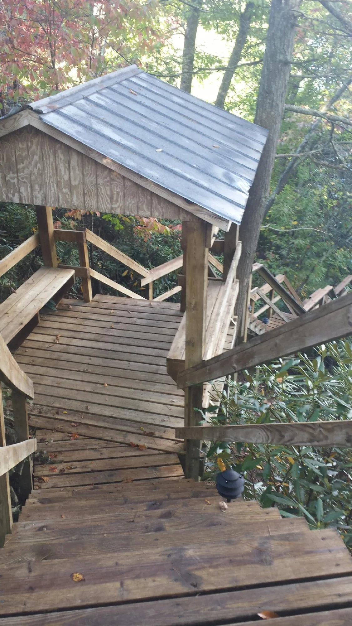 Metal roofed shelter over wooden steps on a wooded walkway — Skylight Repair & Installation work by our crew in Lapaz